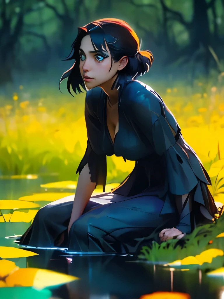 arafed woman sitting in the grass by a body of water, overgrowth. by makoto shinkai, with haunted eyes and dark hair, jeffrey jones, by loish, hauntingly beautiful art, eerie art style, ( ( ( horror art ) ) ), eerie and grim art style, dark illustration, pale young ghost girl, john watkiss