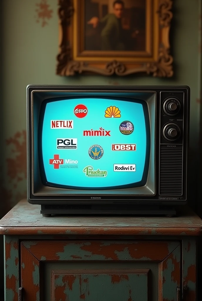 an old tv with netflix logos, you tube, Disney plus, HBO, star plus, logo of peruvian tv channels
