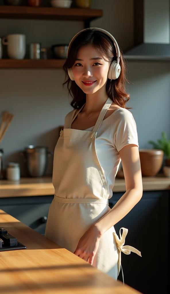 (((Highest quality)), ((masterpiece)), (detailed), One person, sexy、アイドルの可愛さのmasterpiece!A 30-year-old housewife、She is standing in the kitchen wearing headphones and an apron and cooking.。Dynamic lighting frames her round face.、Accentuates narrow eyes and perfect facial features。Adult Shortcuts、The camera zooms in on her plump cheeks and large breasts.、Accentuate ample cleavage。A very short apron hugged her thighs.、The prone angle captures her best smile、Showing off realistic body and fine details。The subject is kneeling loosely with both arms wrapped around his chest.、Naturally attractive even without makeup、It's an elaborate and professional piece of work.。