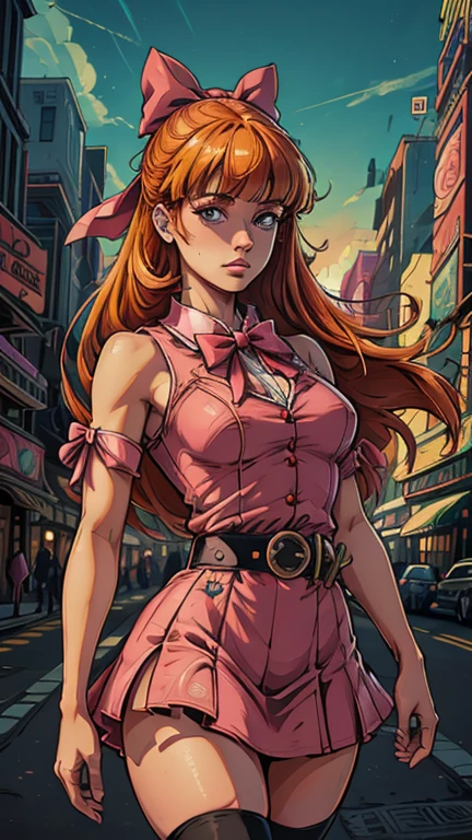 (s:1girl: blossom), (extremely detailed CG unit 8k wallpaper),(master part), (best quality), (ultra detail), (best illustration),(dan Mumford), cowboy shot, (Sharp eyeliner, ombre, detailed eyes:1), city, outdoor, ,break , (Art Adams Style), upper body, orange hair, long hair, blunt bangs, pink eyes), (bow, dress, belt, thighhighs)