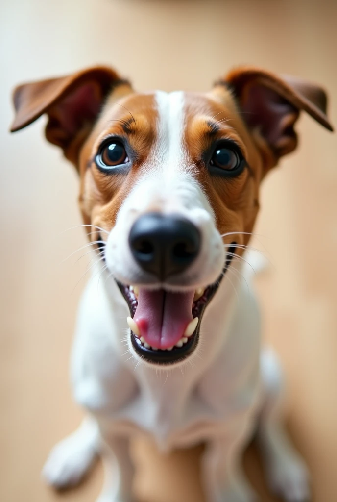 white jackrussel  popping in the lense of camera