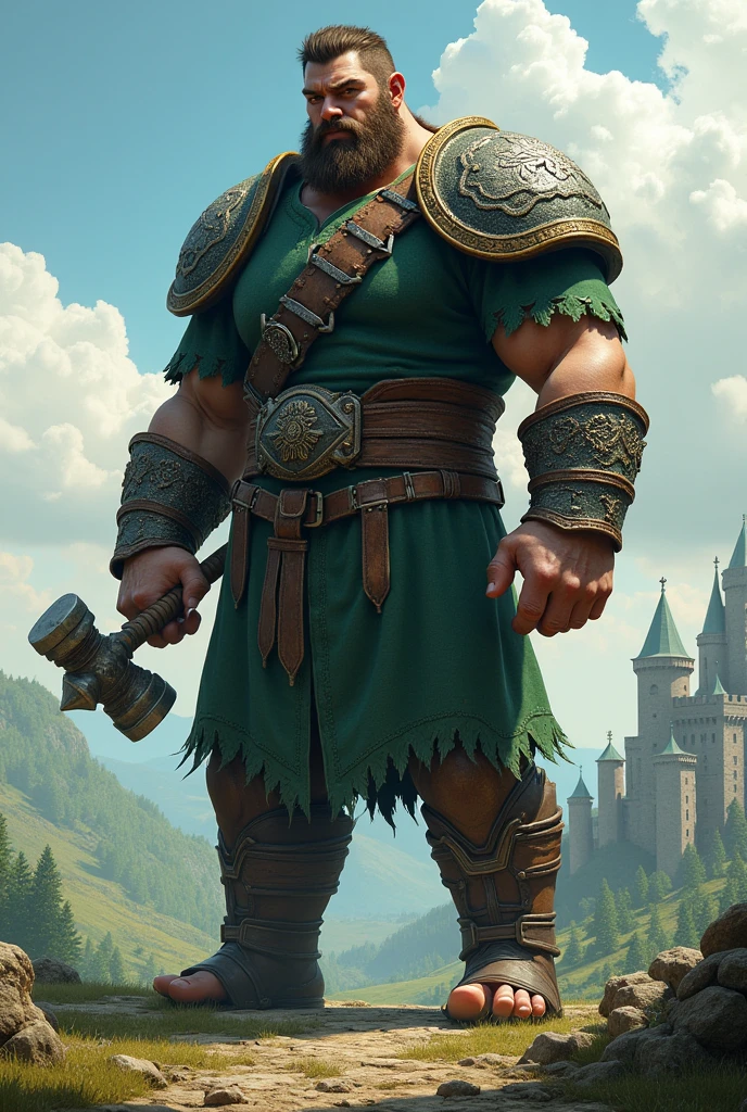 in a medieval world.
A young giant of  ,4 meters high.
Wearing green clothes and a war hammer