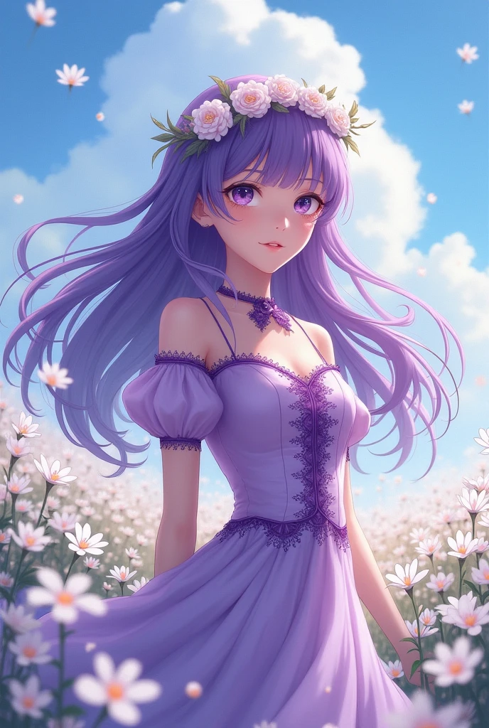 A girl with long purple hair,  A crown of flowers, dark purple slanted eyes, Light purple Victorian style dress with purple details and fluffy short sleeves, smiling in a field of white flowers, Boku no hero academia style