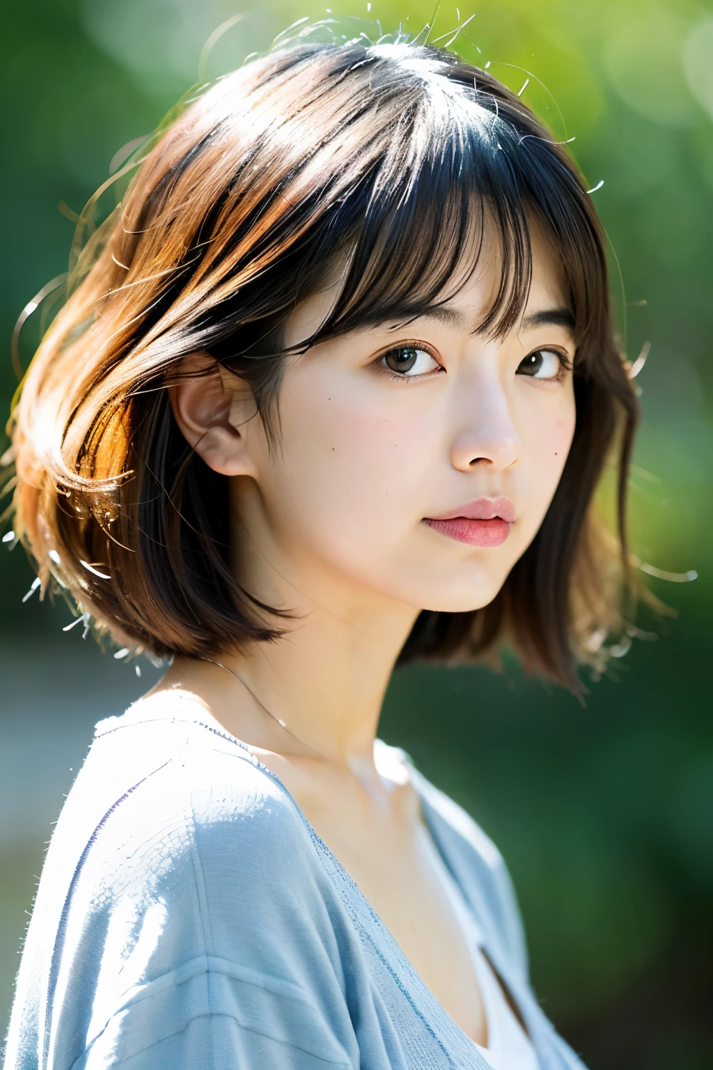 ((1girl)),((masterpiece)),((high quality)),photo of japanese woman,short hair,windy