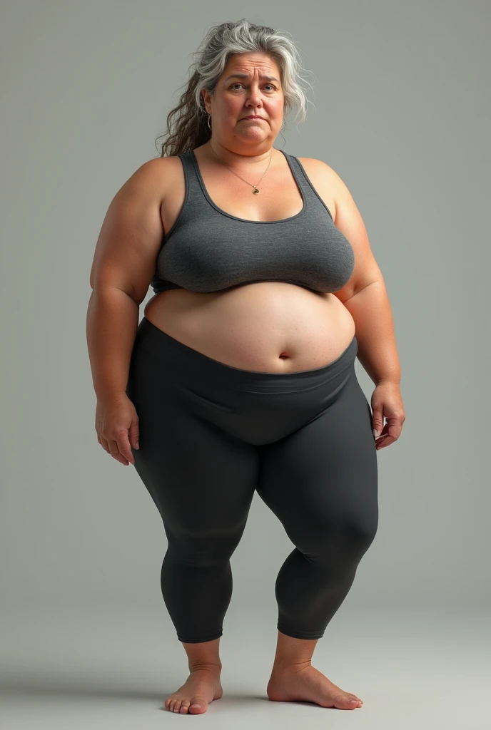 A scruffy middle-aged woman with belly fat，Wearing tight yoga clothes