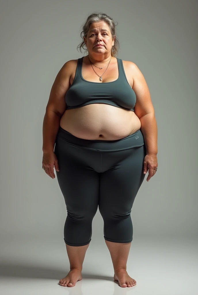 A scruffy middle-aged woman with belly fat,Wearing tight yoga clothes