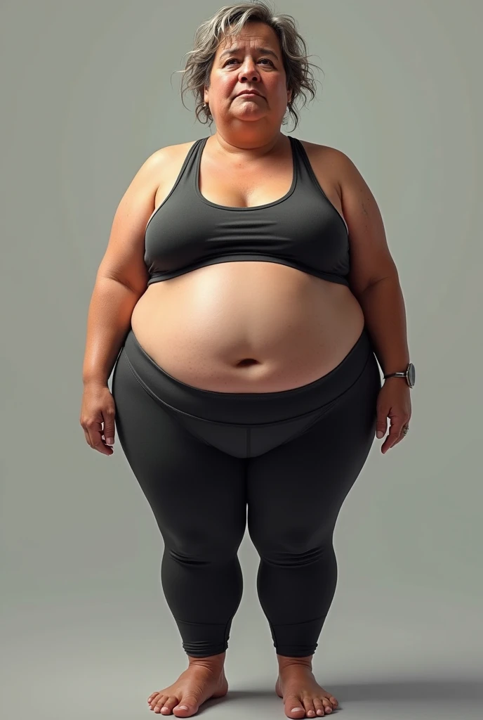 A scruffy middle-aged woman with belly fat，Wearing tight yoga clothes