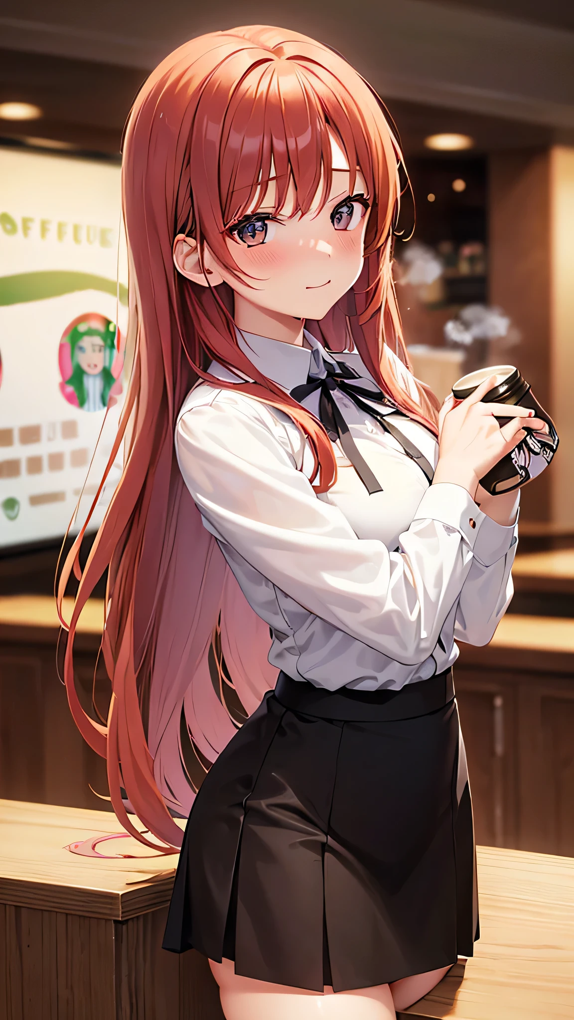 Redhead, working uniform, office background, anime background, extremely detailed hands, light brown eyes, slim, good attributes, long hair, heart ribbon on head, black skirt, ((white shirt)), faint blush, holding folders, exposed thighs, faint smile, sitting on table, (((Drinking Starbucks coffee)))