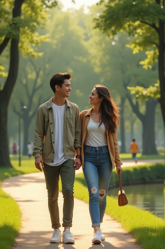 A young couple in love walking through a park that looks realistic