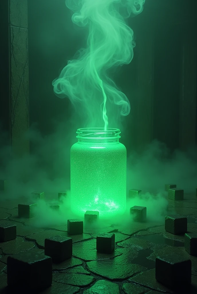 Witch's jar without lid dripping and draining green liquid that produces a lot of smoke even on the floor and there are more than 50 blocks around it