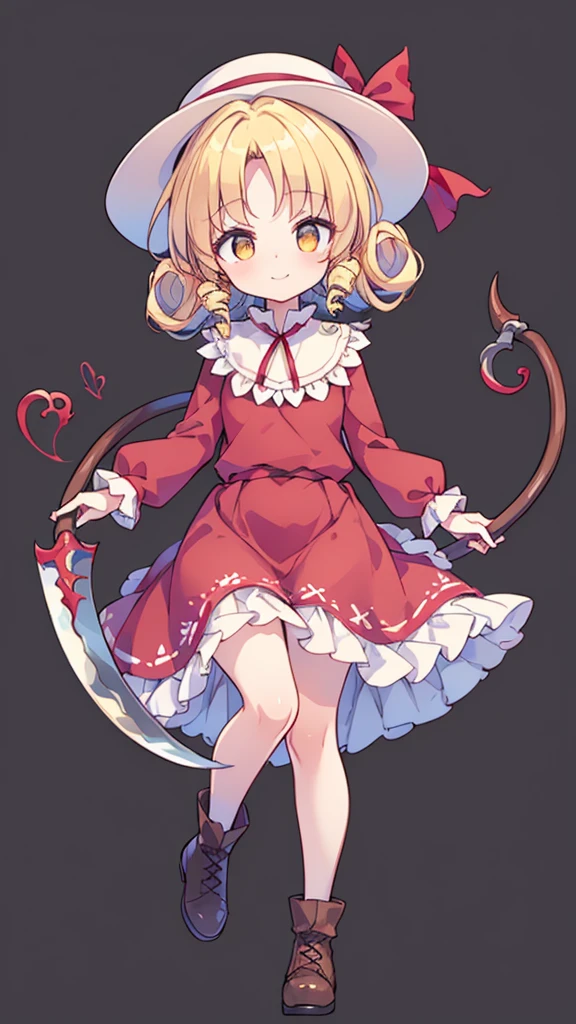 a drawing of an anime character in a red dress and boots with a large scythe, ((high end)), (UHD picture), (best quality,4k,8k,highres,masterpiece:1.2), top-quality(​masterpiece), top-quality, ultra-detailed, highly detailed texture, intricate details, high quality textures, masterpiece, best quality, perfect quality, perfect anatomy, perfect body, perfect symmetrical face, perfect hands, perfect feet, (two arms:1.2), (two legs:1.2), (five fingers each:1.2), (perfect joint:1.2), perfect joint movement, precise fingers and hands, 1 beautiful girl, 1 girl, alone, solo, , , (((loli))), ((childish)), hat, white hat, blonde hair, long hair, parted bangs, drill hair, well-formed face, yellow eyes, maxi dress, red dress, dress, long sleeves, frills, long skirt, simple background, scythe, holding scythe, holding, white socks, smile, cute face, beautiful, holding scythe