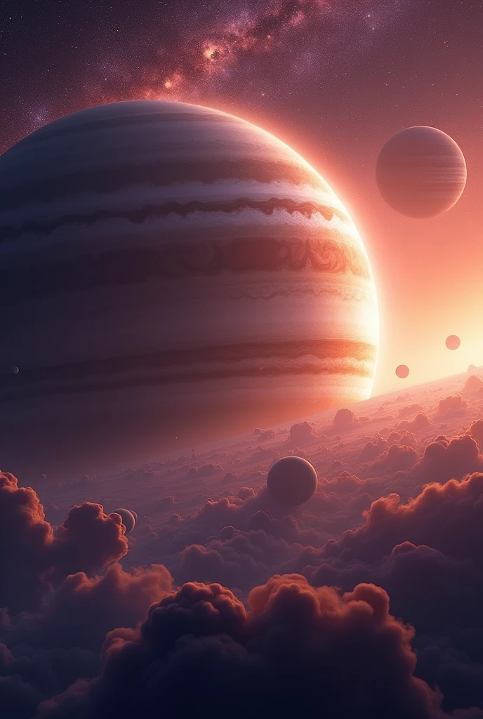 

「Magnificent outer space、A giant gas planet with several moons orbiting it。Countless stars in the background々Shines。Like a sunrise or sunset、Part of the planet is illuminated、Soft orange and purple hues fill the sky。A view of countless stars flying towards you。Overall, the space scenery is fantastic and beautiful.。
