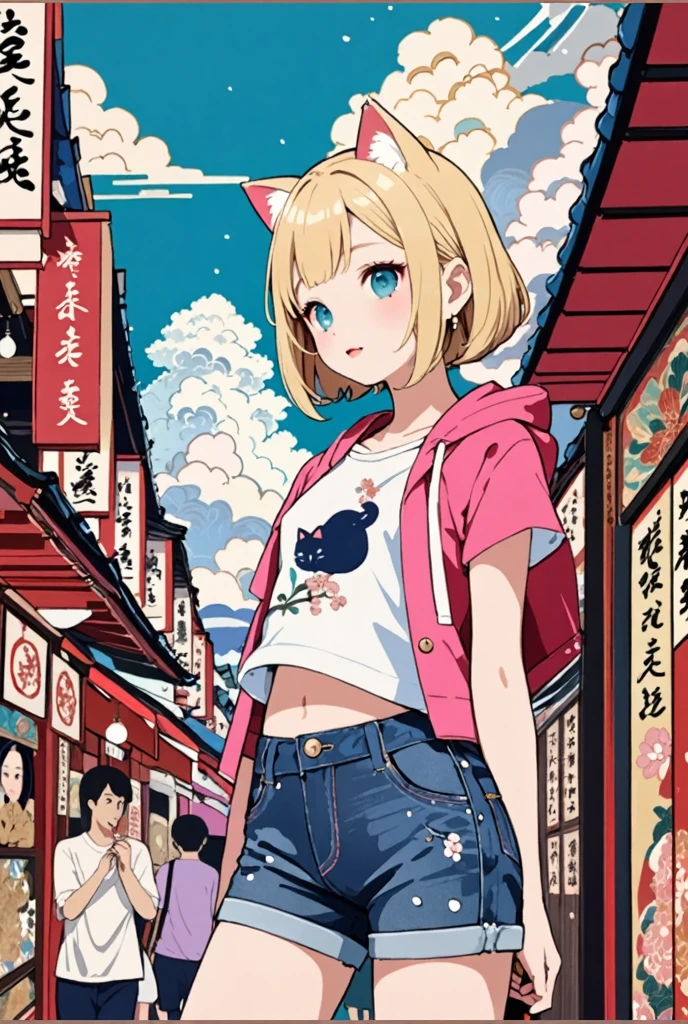 Blonde、Blonde Hair、Very Short Hair、Cat ears of the same color as the hair、Plain pink short sleeve hoodie、Short denim shorts、Belly button、sneakers、Turquoise Eyes、Flat Chest、Big white flower hair ornament、Design the cover for a dark fantasy psychological drama light novel set in Rio de Janeiro in 2050,