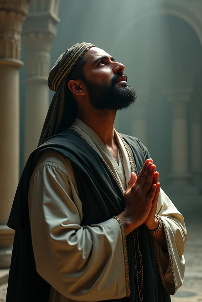 A Muslim man sadly looking up the sky and praying