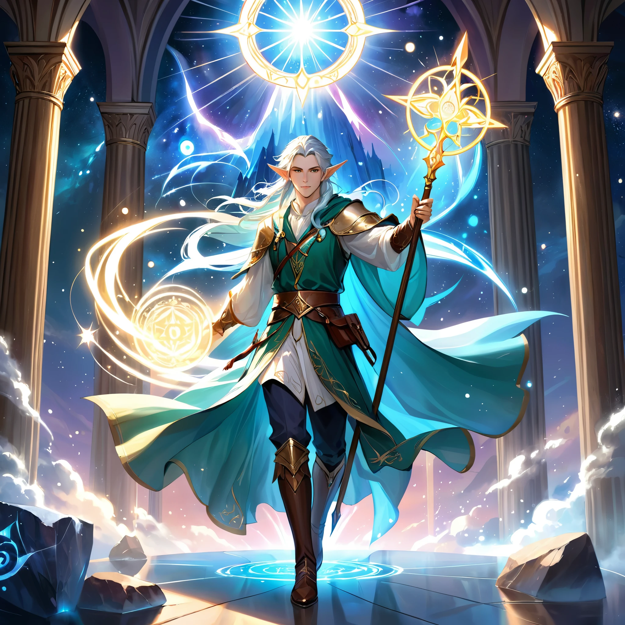Masterpiece, Extremely detailed, best quality, photorealistic, magnificent, celestial, ethereal, epic, majestic, magical, fantasy art, cover art, dreamy, full body shot, BREAK, ethereal fantasy concept art of a brave male elf dnd wizard., staff in right hand, surrounded by runes of light, dynamic pose