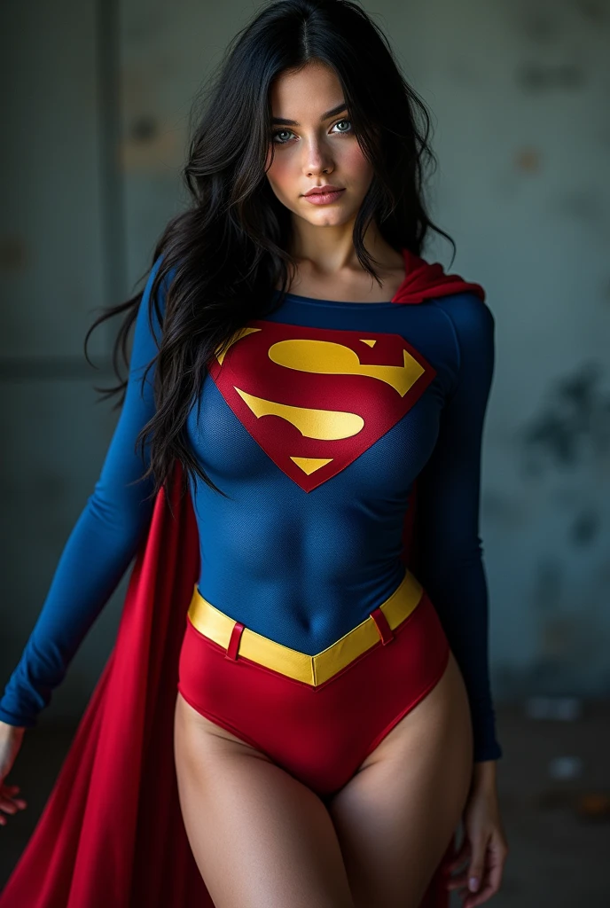 full view of A SEXY TEENAGE FEMALE WITH GREY EYES AND LONG MESSY HAIR WEARING A CLASSIC BLUE SUPERMAN COSTUME AND RED SUPERMAN CAPE. large breasts, incredibly detailed skin and eyes, seductive poses, 8K resolution, masterpiece, ultra-detailed, realistic, photo-realistic, vivid colors, dramatic lighting, cinematic composition