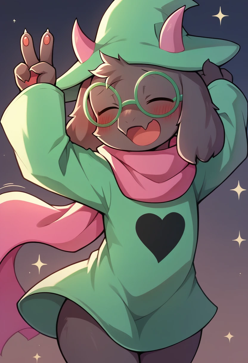  (score_9, score_8_up),furry, fur, face, Ralsei(deltarune), goat, dark fur, pink horns but green because the hat is covering, black sleeves, cute, green glasses, hat, green shirt, standing, arms up with his hands doing the peace sign,pink scarf,closed eyes, happy, smug face, bending over, wide hips, rear view, {{Artist: %zankuro%}},  1furry, solo, blushing, male, snout bitting the scarf