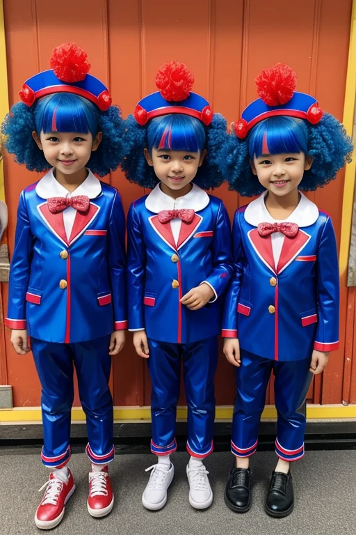 Three girls kindergarten　clown　Rubber suit　hair color: blue(1.1)　Circus hut　Japanese　Red and blue suit　clownの帽子