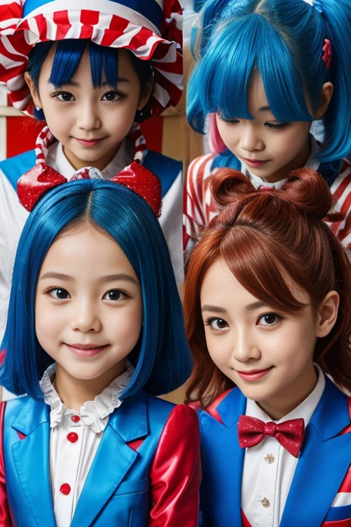 Three KIDS girls with red hair and blue bows stand in front of a wall, Perfect Android girl family, menina do cabelo vermelho, cabelos azuis e ruivos, Deusa dos cabelos ruivos, peruca vermelha, menina de cabelos vermelhos, azul ou vermelho, Filhotes vermelhos, Directed by: Bernardino Mei, vermelho e azul, azul e vermelho, cores azuis com detalhes em vermelho, tema azul vermelho