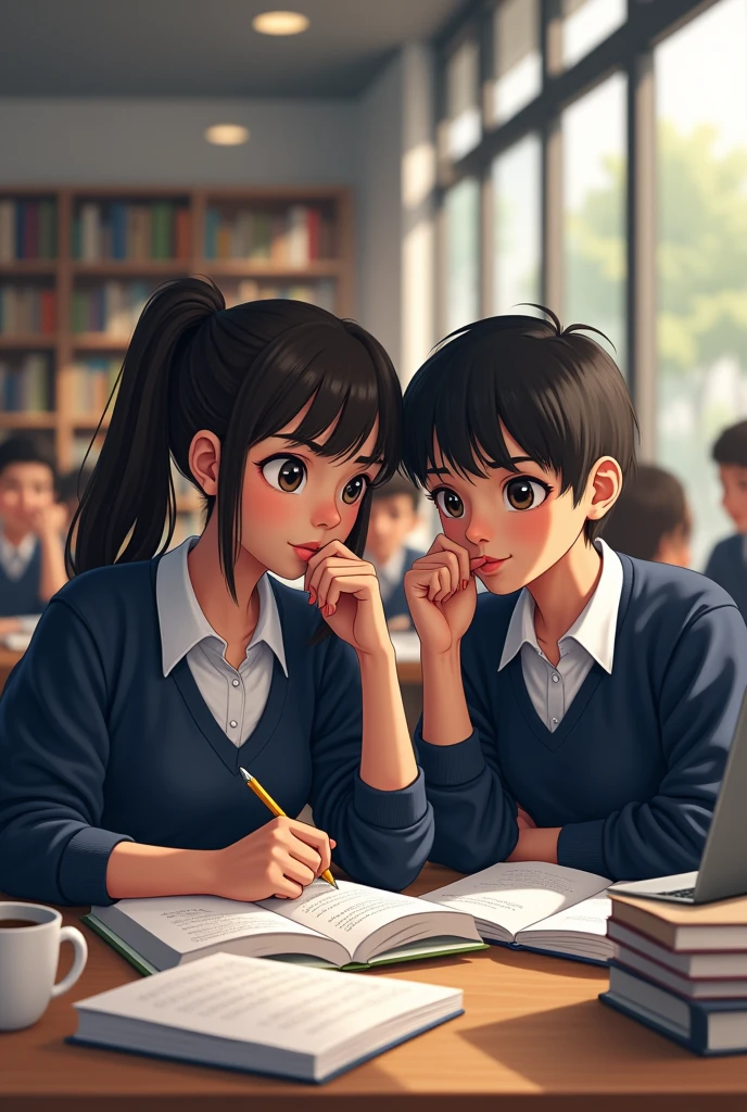 15 year old male and female students in dark blue uniform, Colombians studying in a library