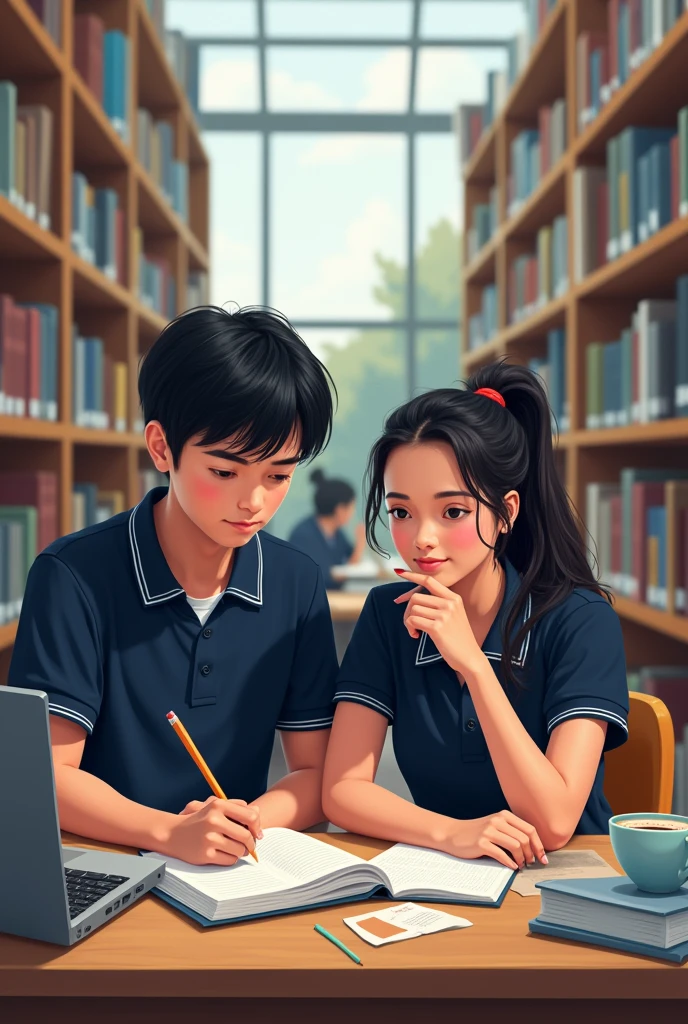 15 year old male and female students in dark blue uniform, Colombians studying in a library