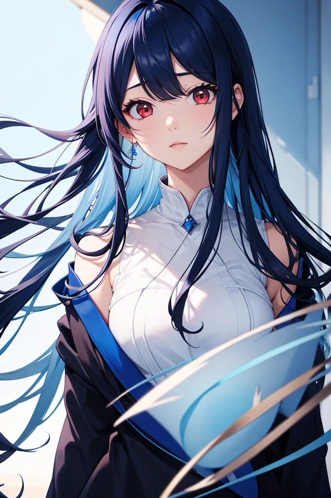 Blue colored long hair、Center parted bangs、Red eyes