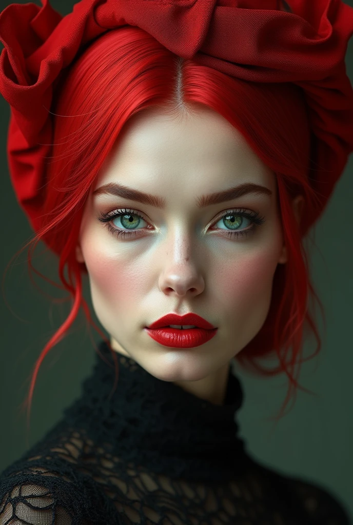 (Photorealism:1.2), woman with extreme beauty, slickedback hair, redheadwear, slanted green eyes, full mouth, arched eyebrow.