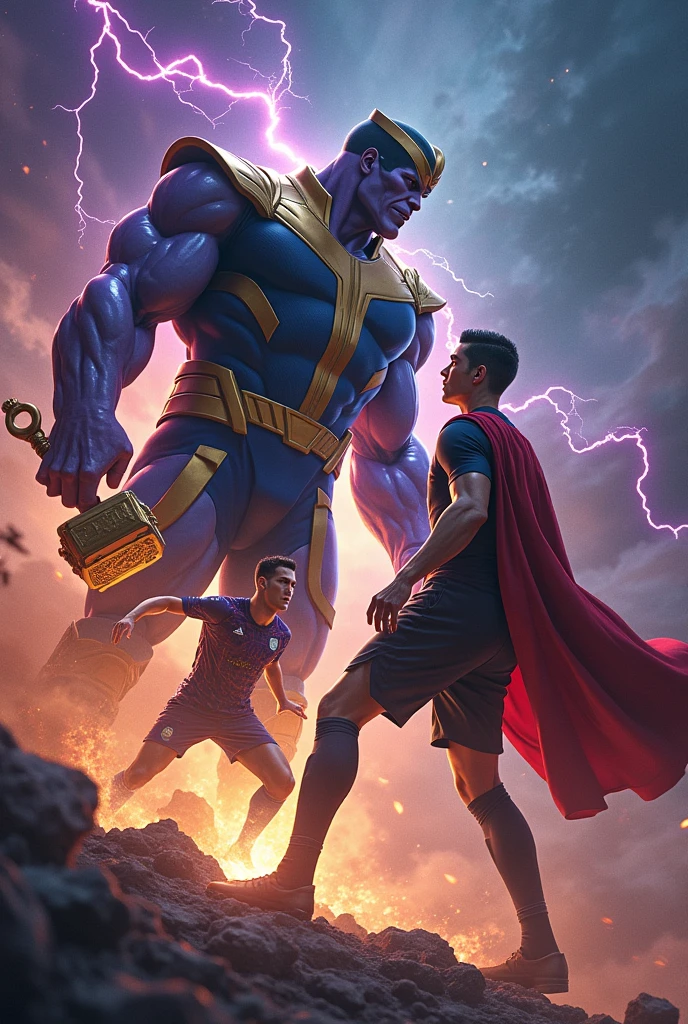 Cristiano Ronaldo fighting with thanos and thor