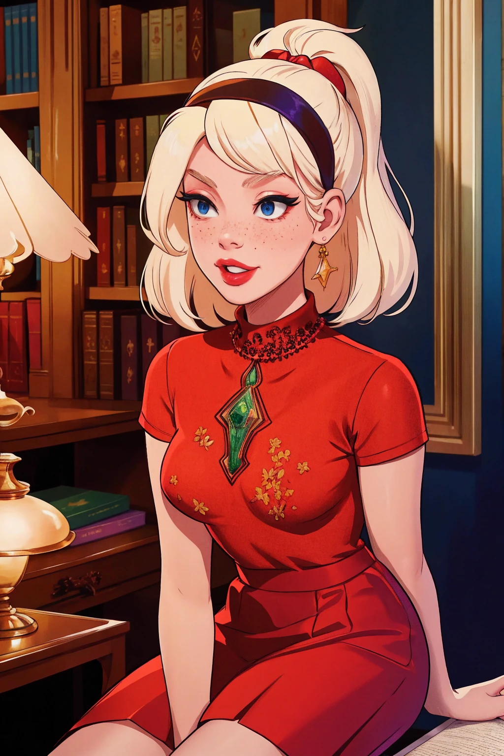 { masterpiece : best quality : high resolution : unity 8k wallpaper : illustration : beautiful detailed eyes : extremely detailed face : perfect lighting : extremely detailed CG } { in a dark creepy library } { Sabrina Spellman : : platinum blonde hair with red hairband : perfectly small shape breast : freckles : perfectly fit body :red turtleneck shirt : red skirt : studying : sitting at a study table }, looking at viwer