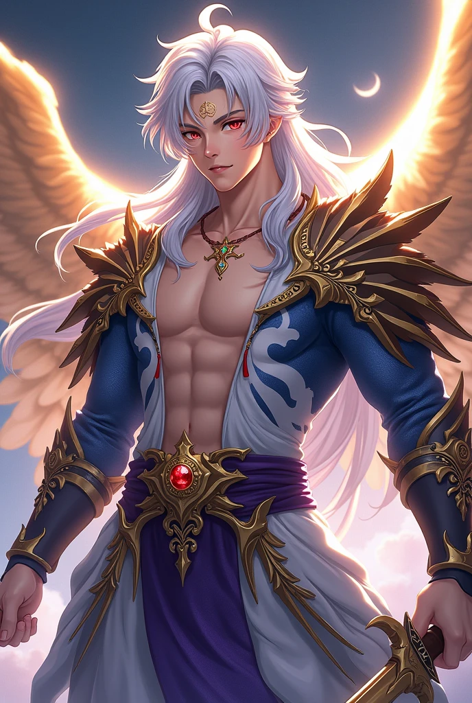 Handsome young xianxia protagonist,man,guy,long silver hair, Crimson red and golden amber eyes combination ,and long silver hair with white undertone,and the golden rune motiv  scratched on his forehead,use armour featuring like pattern on furr of white Tiger chinese with azure and white dominant color,pauldron protective shape like dragon head,shoulder protective dragon shape like head,open abs,sun and moon circling at the background,the tassel of the armour like river of galaxy, combination of azure and white dominant color,white dominant color,with majestic purple line ,held mystical sword, And majestic golden  wings at back,wings at back,terrifying aura around,24K ultra hd,face and eyes detail,lips and face detail,masterpiece ,better quality 