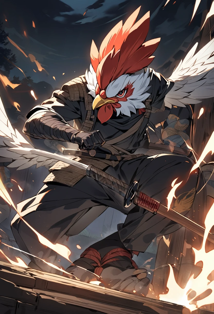 A rooster, with several battle scars, wearing ninja clothes, smoking a cigarette with a long wooden holder, who uses his wings to hold a bokken, in a fighting pose, during a mission at night