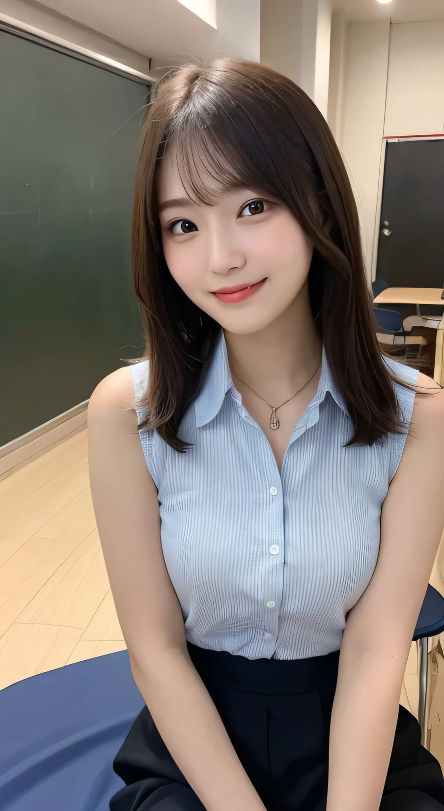 Tabletop, Highest quality, figure, Very detailed, In detail, High resolution, 8k wallpaper, Perfect dynamic composition, Beautiful attention to detail, ((Bob Hair)),(Shoulder-length hair)、Small breasts, Randomly sexy poses,smile、20-year-old girl、cute、sexy shot looking at camera,Perfect and beautiful face、Sleeveless shirt、Collared shirt、24-years-old、female teacher、mermaid skirt、smile、Simple Necklace、staff room、School、