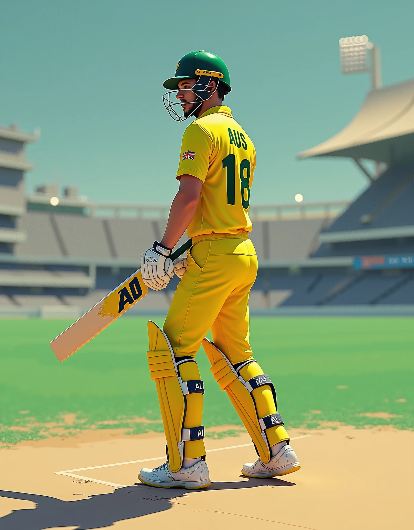 Give me a yellow jersey with AUS written on it. Wearing white sneakers. Cricket player holding a cricket bat in both hands. Sideways position.，顶光drop shadow, anaglyph, stereogram, tachi-e, ass pov, atmospheric perspective, 8k, super detail, best quality waiting to start