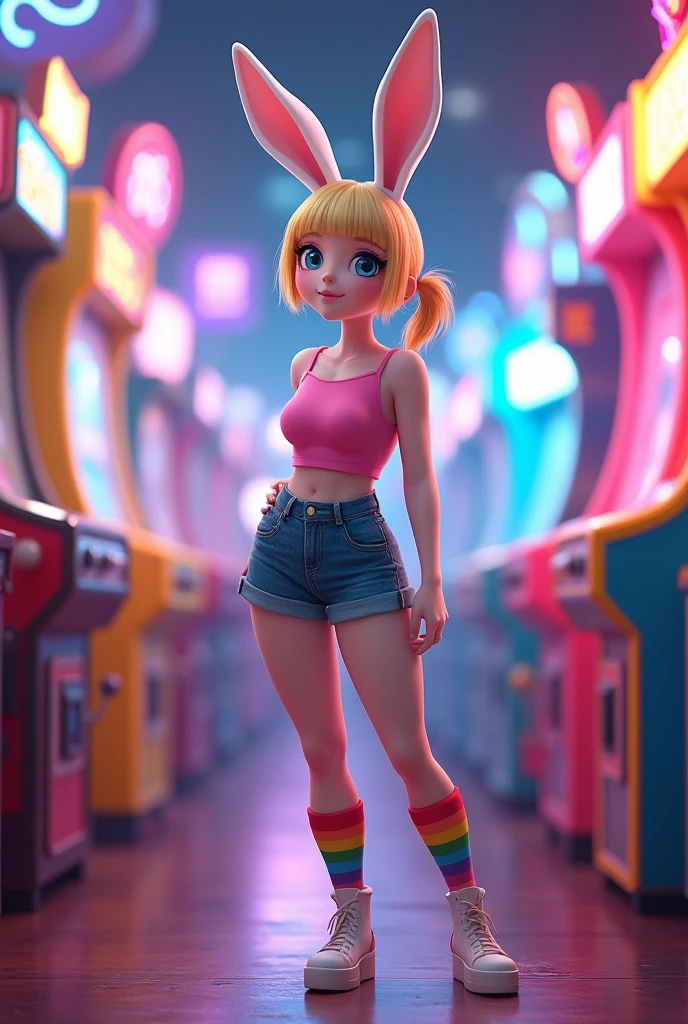 female, anthropomorphic rabbit, white fur, blue eyes, solo, blonde hair, ponytail, straight bangs, blue eyes, short, curvy body, flat chest, pink croptop, shorts, rainbow thigh high, indoors, arcade, highly detailed, realistic