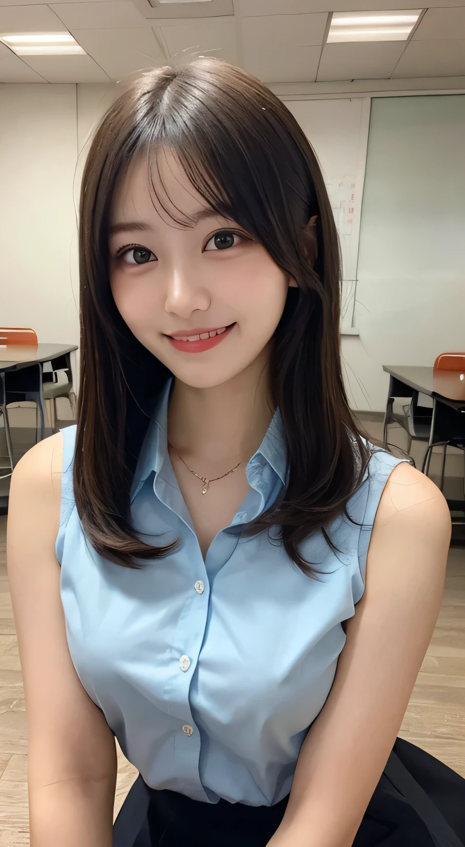Tabletop, Highest quality, figure, Very detailed, In detail, High resolution, 8k wallpaper, Perfect dynamic composition, Beautiful attention to detail, ((Bob Hair)),(Shoulder-length hair)、Small breasts, Randomly sexy poses,smile、20-year-old girl、cute、sexy shot looking at camera,Perfect and beautiful face、Sleeveless shirt、Collared shirt、24-years-old、female teacher、mermaid skirt、smile、Simple Necklace、staff room、School、