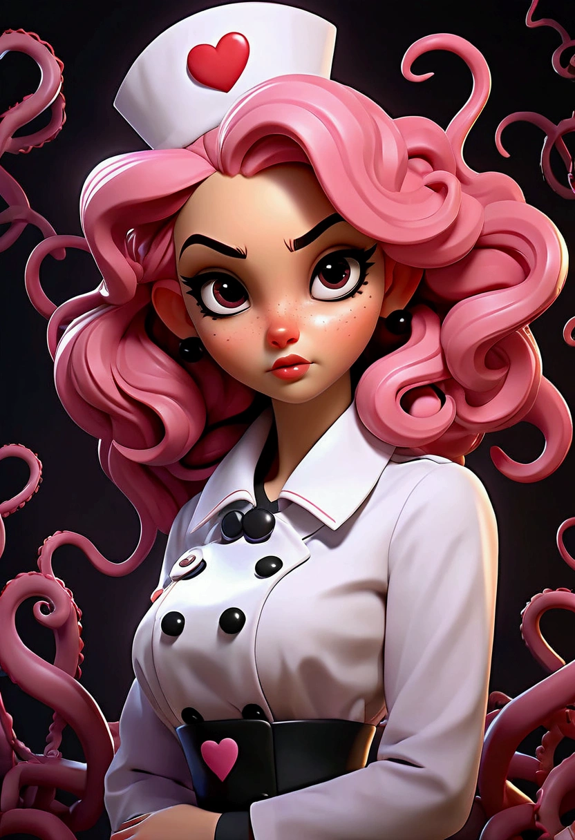 a girl from( cartoon style), pastel pink skin, Strong pink hair wavy and straight, little pink hearts on cheeks, Behind the hair is a black parasite with tentacles tangled in her hair.,purple slanted eyes with dark circles , thick red lips, , long eyelashes, vintage style nurse clothing , Soft lighting, fancy, intricate details, high quality, 8k, photorealistic, masterpiece