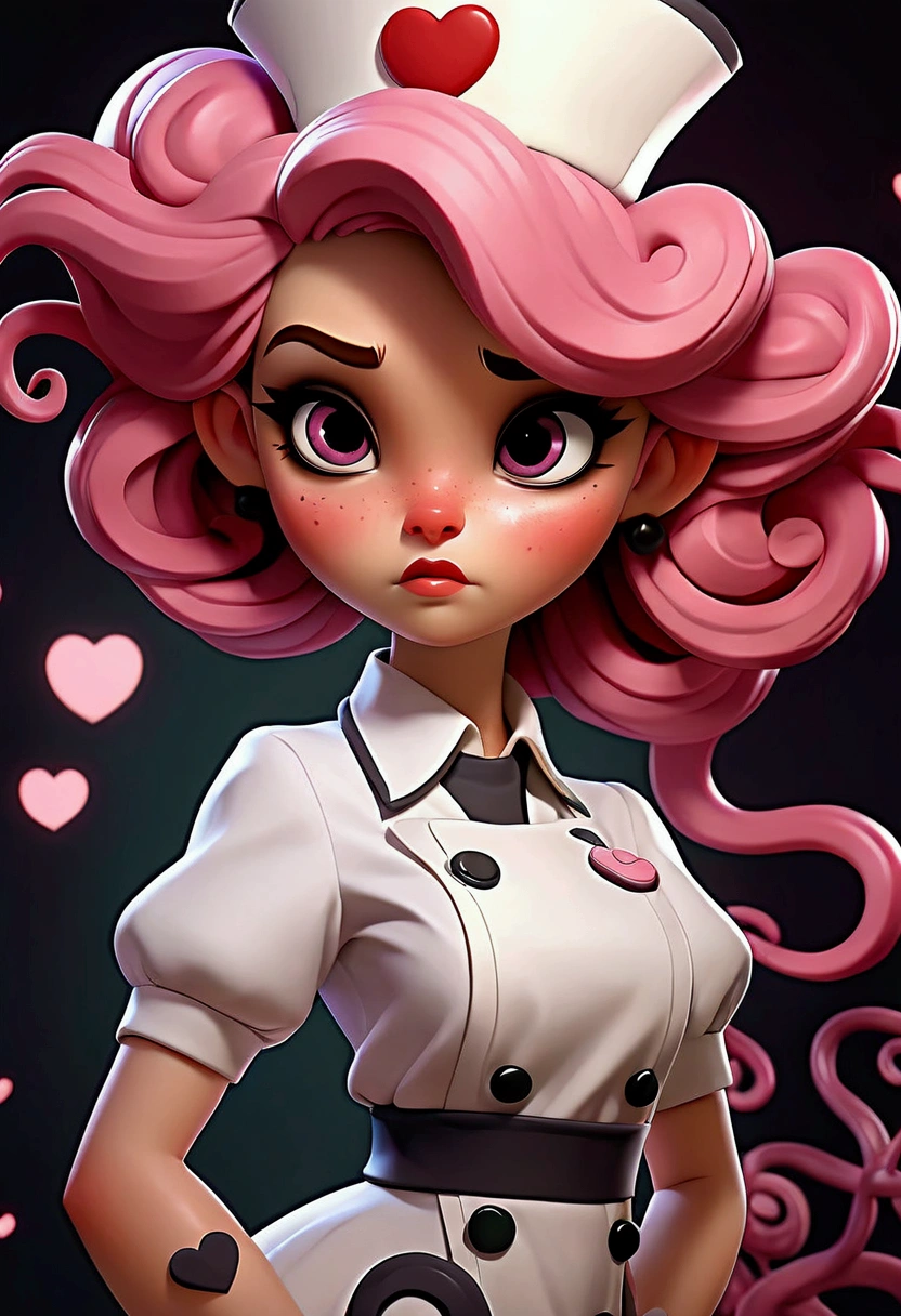 a girl from( cartoon style), pastel pink skin, Strong pink hair wavy and straight, little pink hearts on cheeks, Behind the hair is a black parasite with tentacles tangled in her hair.,purple slanted eyes with dark circles , thick red lips, , long eyelashes, vintage style nurse clothing , Soft lighting, fancy, intricate details, high quality, 8k, photorealistic, masterpiece