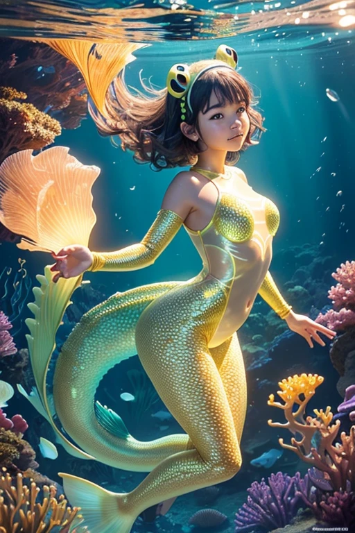 A sexy young 13-yr old Asian  charming girl Full body detailed anatomy, perfect face details,((brown skin tone texture)) ( tomboyish hair cut styles), (( wearing illuminating a frog suit head band))(( wearing transparent  illuminating frog suit costume sexy full body detailed anatomy )), wearing illuminating  transparent two piece frog suit details on skin, wearing slimy frog suit like skin texture body, lifting up plump pussy , wavy short illuminating gold, pink, yellow & green gemstone hairstyles from the flow water, ((having frog suit instead of feet))( frog  ears))(frog suit skin arms, torso, bottom, face, neck, shoulder & legs))((showing face near camera)) (accurate details of hands & fingers)) Exposed hard big errect nipples, open legs squat position, exposed pussy line, exposed panties, exposed pussyline, smiling with teeth exposed. Sparkling gray eyes, charms, face details & fucos skin tone texture, swimming under the  atmosphere ocean wave creating air bubles with captivating different lighting effects around the background, showing corals, urchins, fish, turtle, whale, bubbles of air for accurate background masterpiece ((with illuminating transparent crystal gemstone frog suit like scales skin textured all over her body)) ((with gills))((holding illuminating a treasure trident)) full details of accessories and props))swimming with ocean current waves under the sea,( many different perspective view character profile, front view, side view, rear view, of same face & clothing girls posing deferent angle))(( perfect details of mermaid body and tail fin anantomy))

