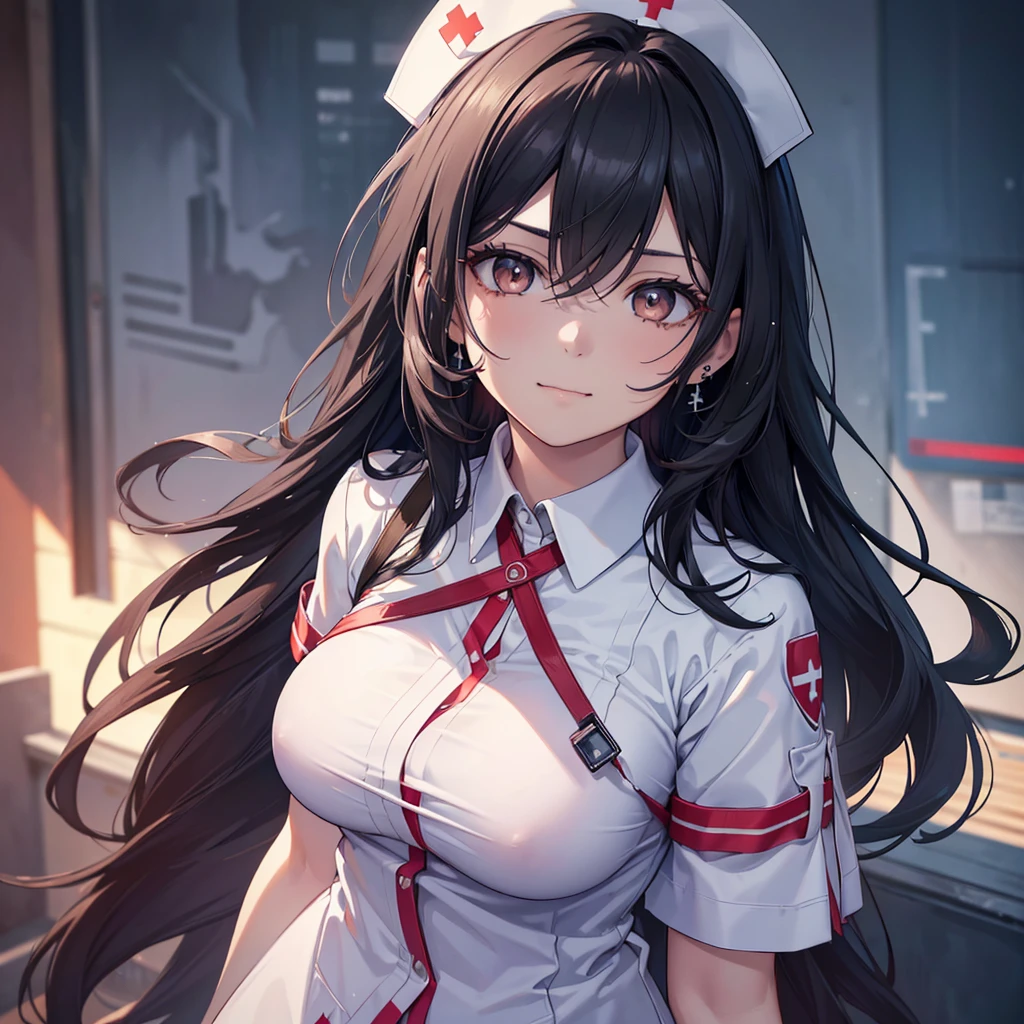 a nurse aide with long dark hair, piercing gaze, and a stern expression, no cap, full body view, high resolution, detailed, anime-style illustration, beautiful black hair, almond-shaped eyes, brown eyes, looking down with an intense, psychotic demeanor, large breasts, no piercings, smile, cute fang,  (best quality,4k,8k,highres,masterpiece:1.2),ultra-detailed,(realistic,photorealistic,photo-realistic:1.37), Background White,