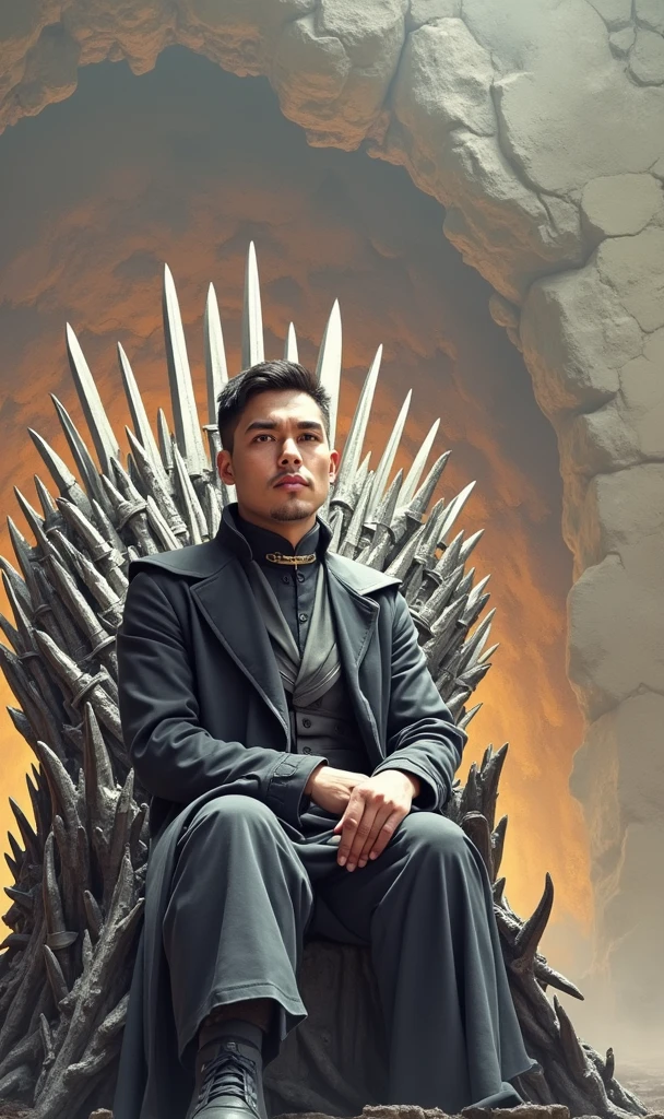 Create an image with this face from the photo, sitting on the iron throne from the game of thrones series.