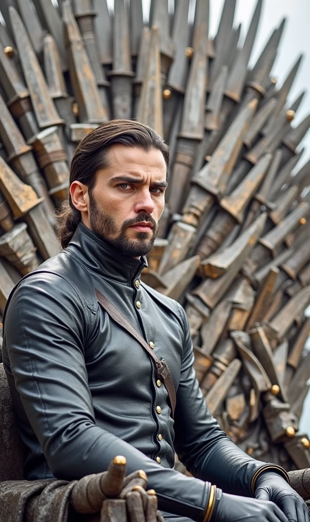 Create an image with this face from the photo, sitting on the iron throne from the game of thrones series. 