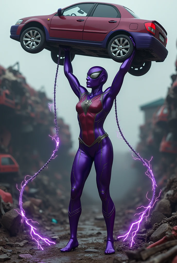 magneto merged with spiderman, purple suit, in a scrapyard, bent cars floating around, the character is holding a car mid air with a metalic web