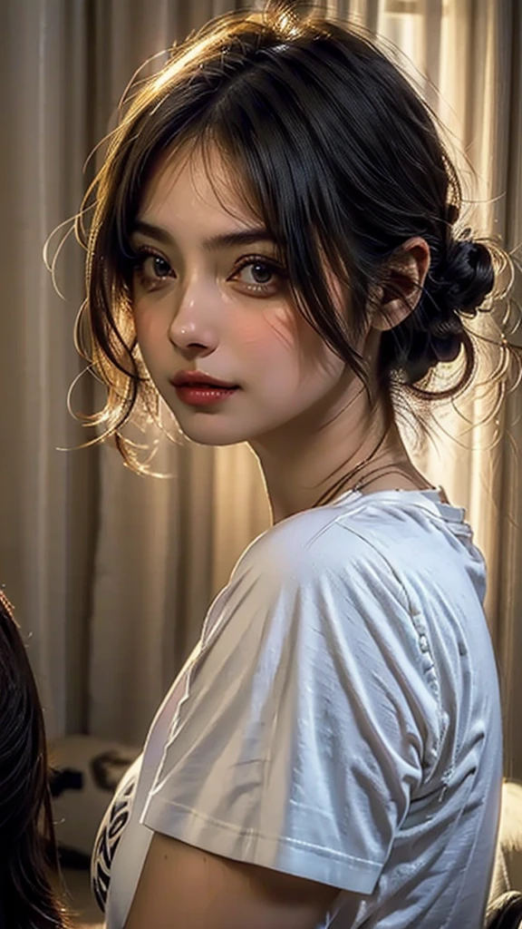((Beautiful Face:1.4)), (Purelos Face_v1: 1.0),Dressed, (photo Realistic:1.4), (hyper Realistic:1.4), (Realistic:1.3),, (Smoother lighting:1.05), (Improving the lighting quality of movies:0.9), 32K,, One girl,20 years old, Realistic lighting, Backlight, Light on the face, Ray-tracing, (Bright light:1.2), (Improvement of quality:1.4),, (Highest Quality Real Texture Skins:1.4), Detailed drawn eyes, Detailed painted face, Quality Eyes,, (Tired, sleepy and satisfied:0.0), Face close-up, T-Shirts,, (Enhance the mood of your body line:1.1), (Enhances the beauty of skin texture:1.1)