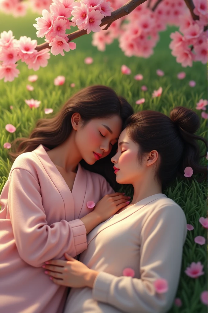create a black and korean couple sleeping together under a cherry blossom tree,with the petals all over them on a green meadow