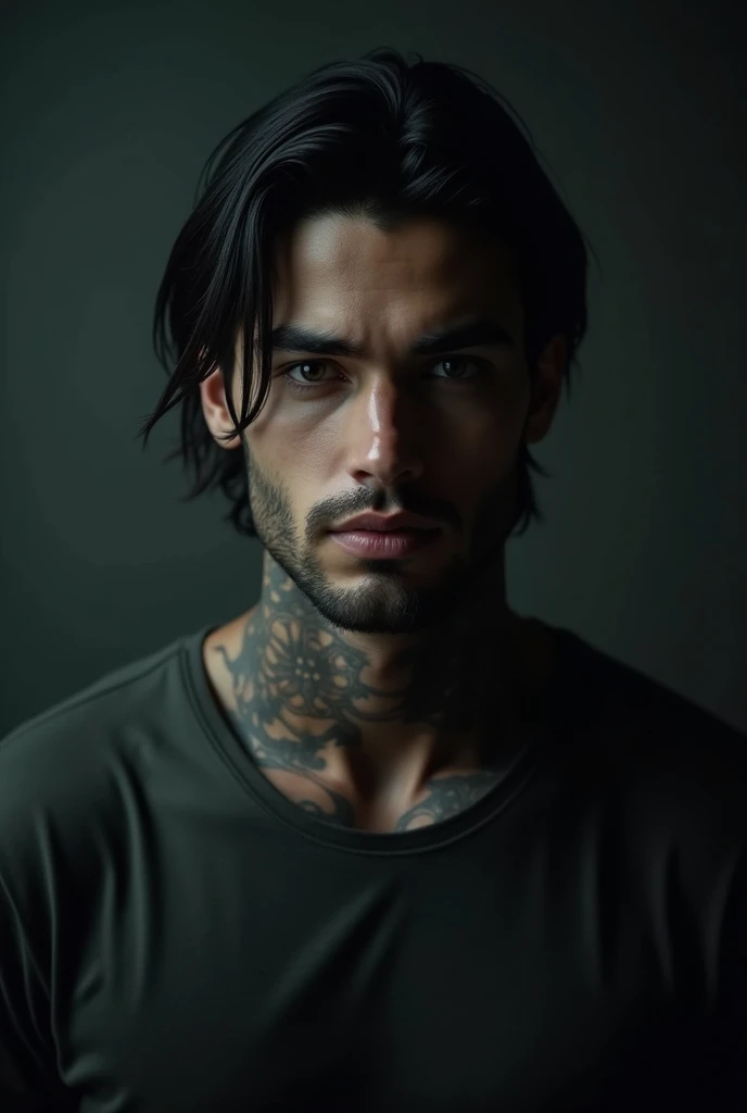Make a cover image for a video with the title "My best friend's brother"with a man in the background VERY REALISTIC and dark,tattooed and very handsome white with straight black hair and strong arms and young. It makes it very dark and a kind of dark effect and please make him wear a shirt
