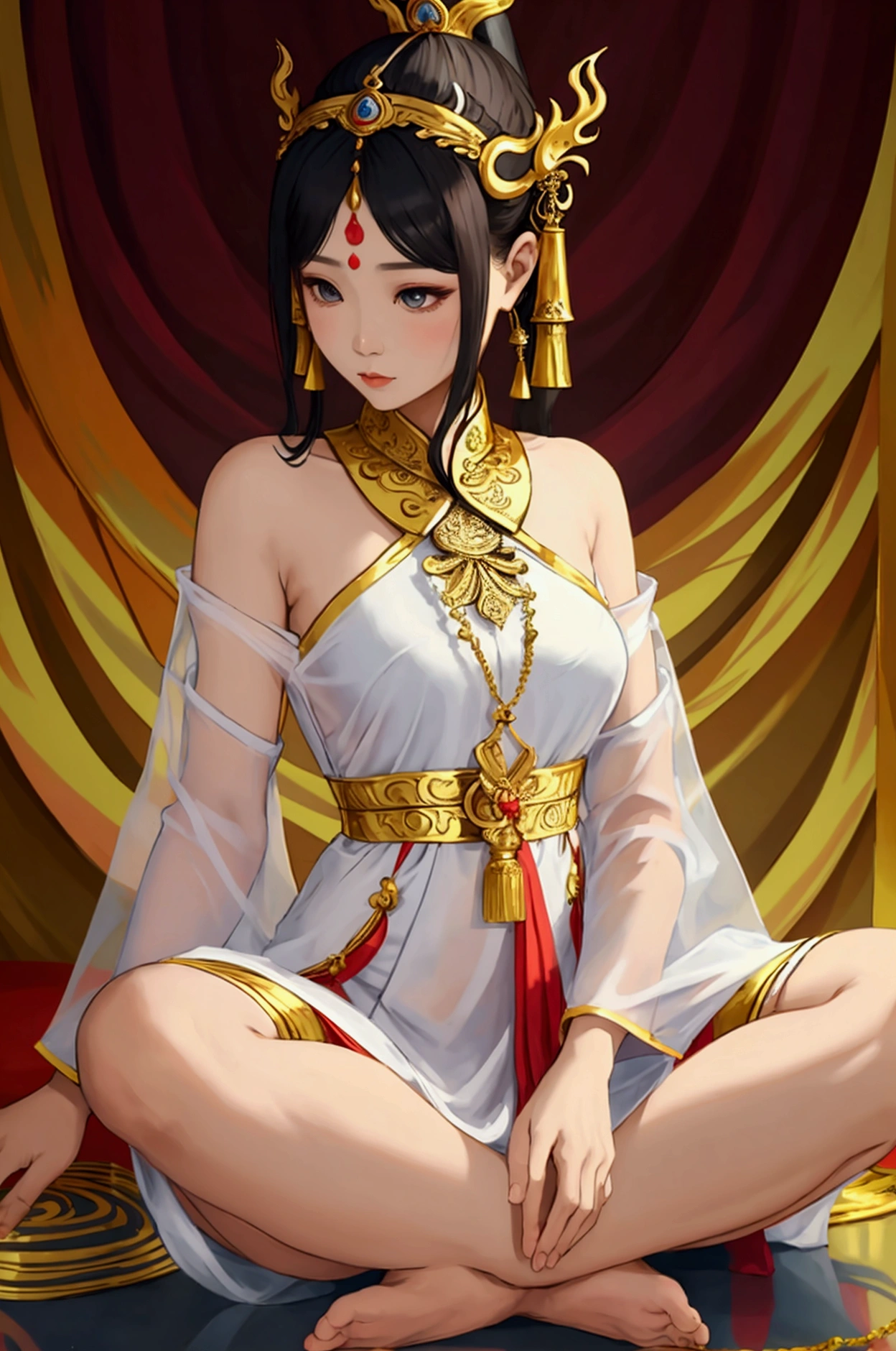 Counterfeit-V3.0,A closeup of a woman in a dress with a crown on her head, ((a beautiful empress in costume)), full-length Wuxia, flowing white robes, white and gold priestess robes,blush, determined look, angry,dark hair,golden accessories, golden belt,masterpiece,altamente detalhado, beautiful light, beautiful shadow,pantyless,western --auto