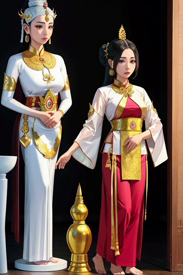 woman,Wear Thai clothes,Songkhong Hairstyle, No feet ,Priestess,Not,stand,Thai woman