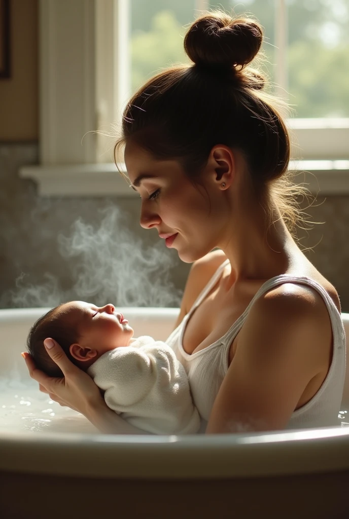 Woman and  in the bath，Wipe your childir with a towel, beauty shot, true realistic image, bottom angles, Morning glow, a warm color palette, product introduction photos, SleekDesign, advertising photograph, author：Thomas Hefner, Innovative product ideas, premium bathroom design, Master, v ray, an award winning masterpiece, dark-toned product photos, detailed scene