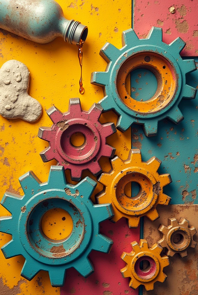 Generates a style image "collage" of a gear system on a cheerful background being sprayed by a bottle of oil above, The gears have INTERACTIVE HUMAN mouths in the middle and they open AS the oil flows down the outside of the gears themselves.. It's in style "collage" I.E. IT SEEMS THAT EVERYTHING WAS STICKED WITH SCISSORS. ESTILO collage