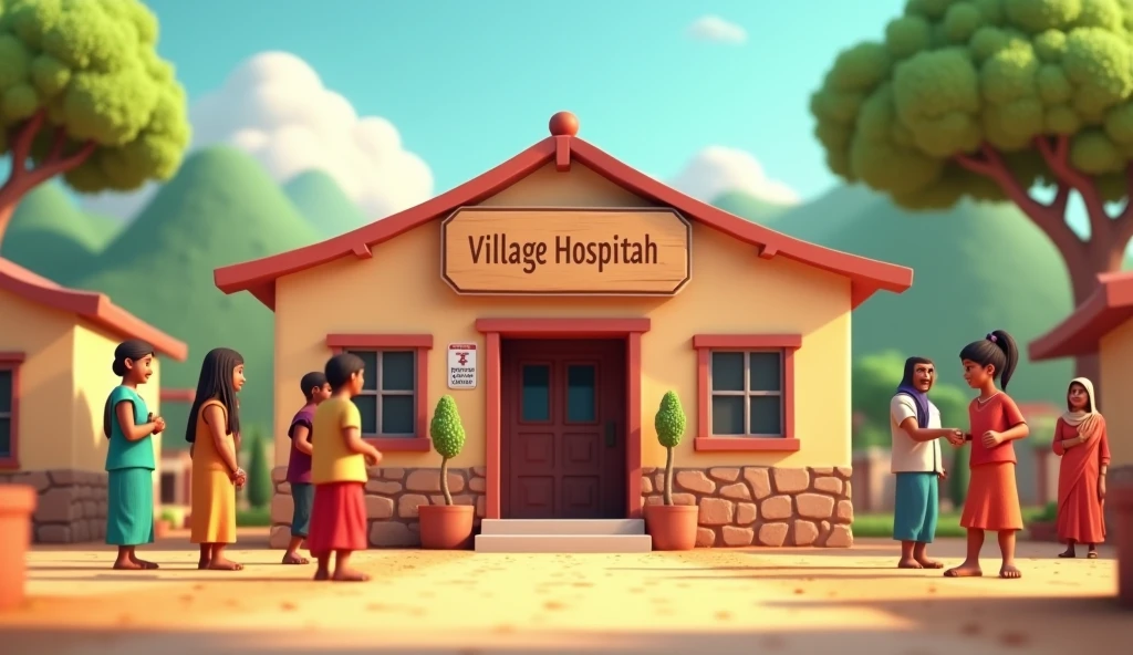 In 3D animation style:*A small, newly built village hospital**, with a simple signboard and villagers visiting for treatment, showing Ramesh's impact on the community.